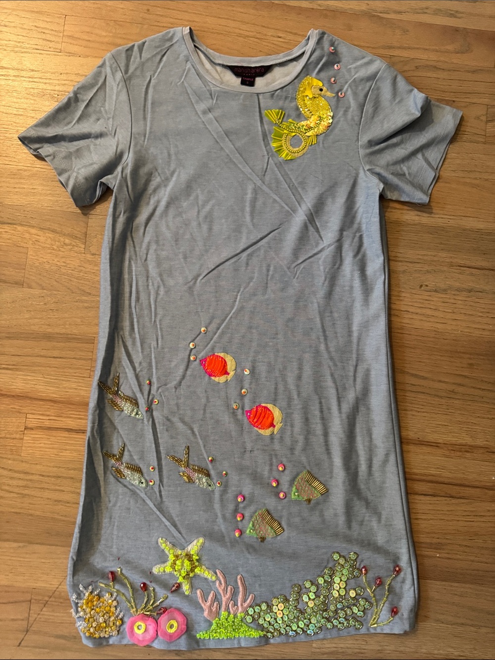 Embroidered Sea Life Mini Dress in Light Blue